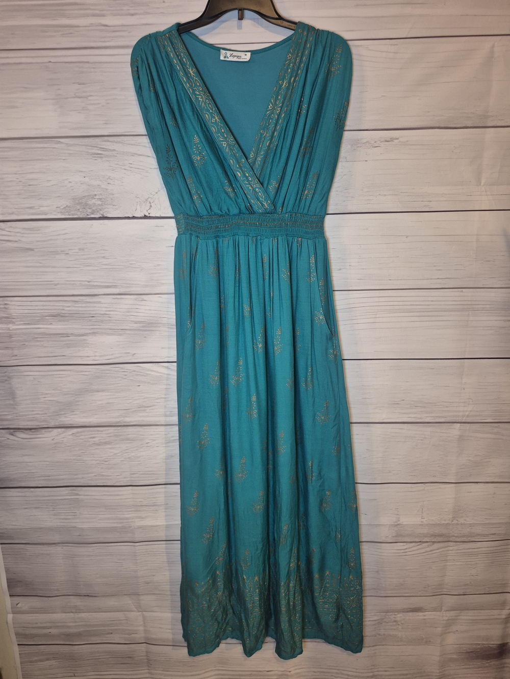 Women's Teal Maxi Dress with Gold Foil Detail